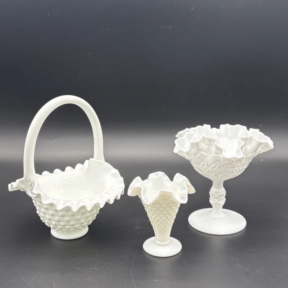 Vintage Fenton White Milk Glass Decor Lot - Hobnail Basket, Vase & Compote Set